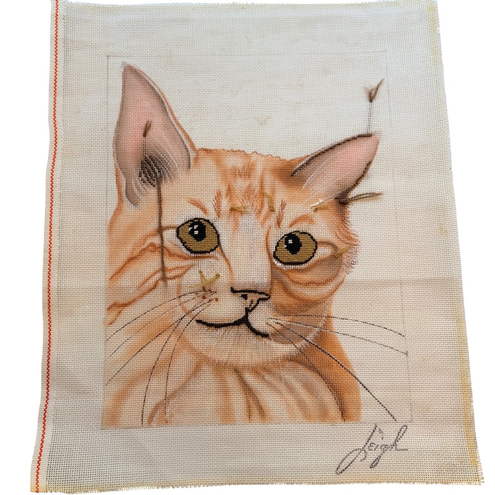 Leigh Designs Hand Painted Tabby Cat Needlepoint Canvas Partially Stitched